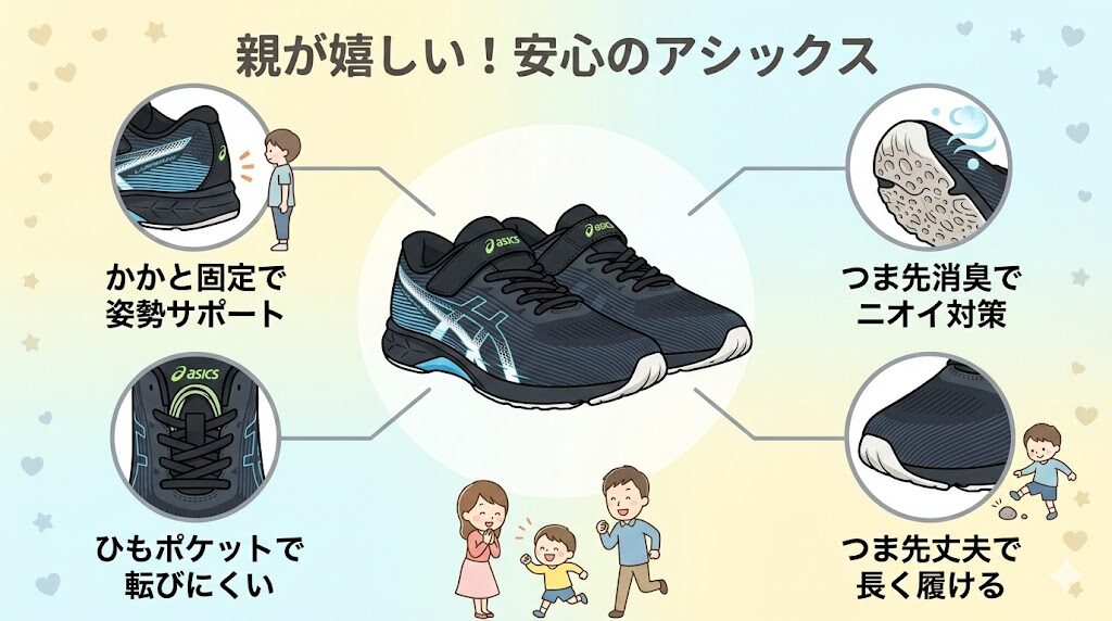 【アシックス】かかとの丈夫さや消臭機能など親が助かる安心の工夫が満載
