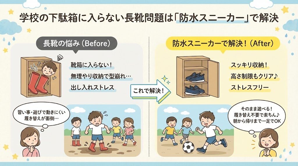 学校の下駄箱に入らない長靴問題は「防水スニーカー」で解決