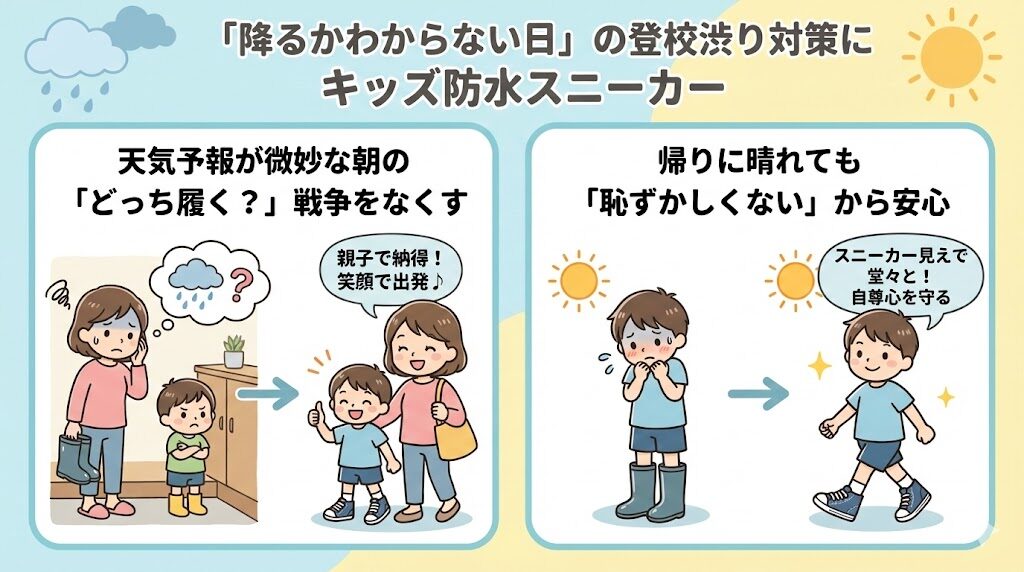 「降るかわからない日」の登校渋り対策にキッズ防水スニーカー