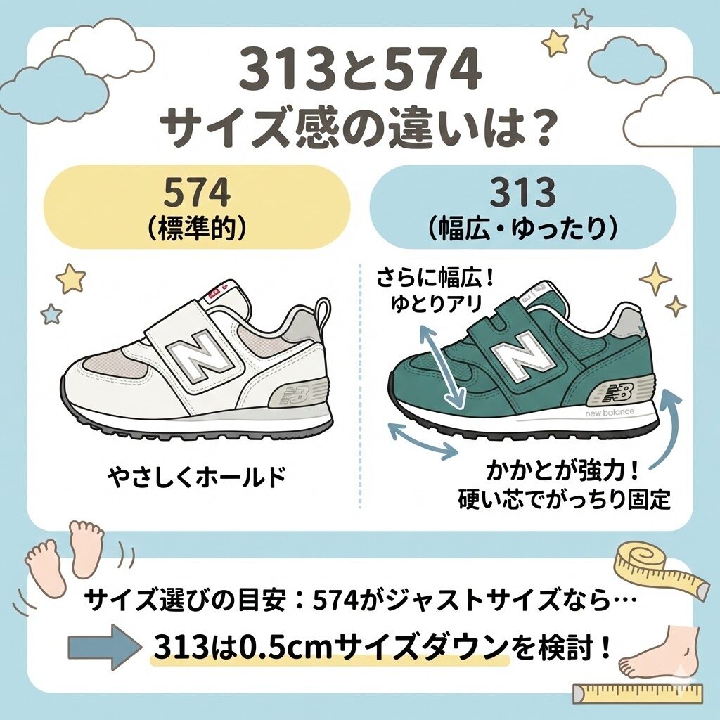 ニューバランスキッズ574と313のサイズ感の違い
