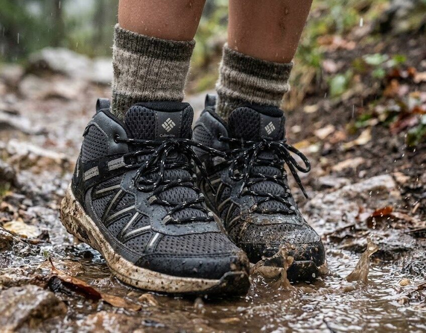 【コロンビア】ユース ピークフリーク ラッシュ ミッド WPを履く子ども