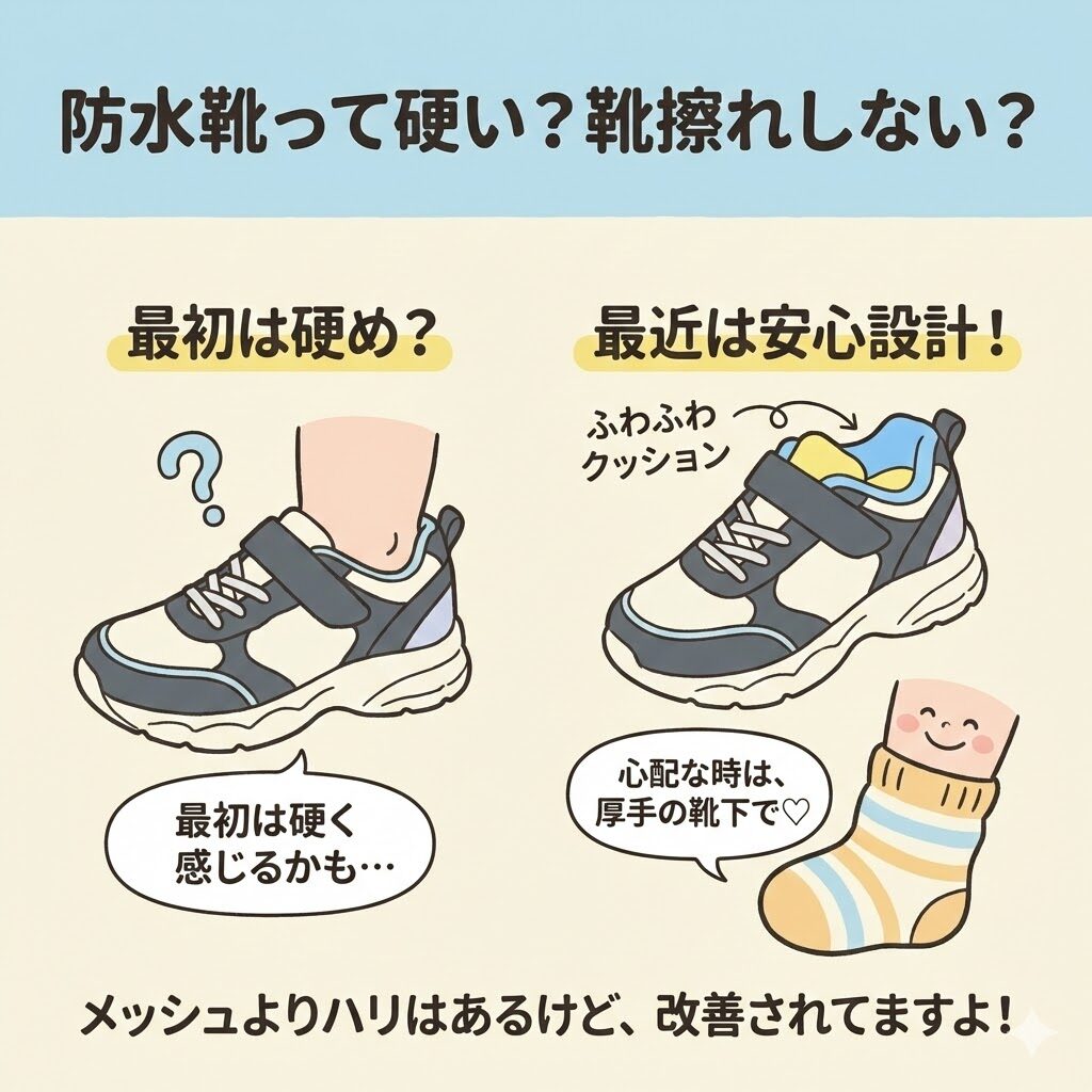 最近の防水靴は生地が厚いので靴擦れしにくい