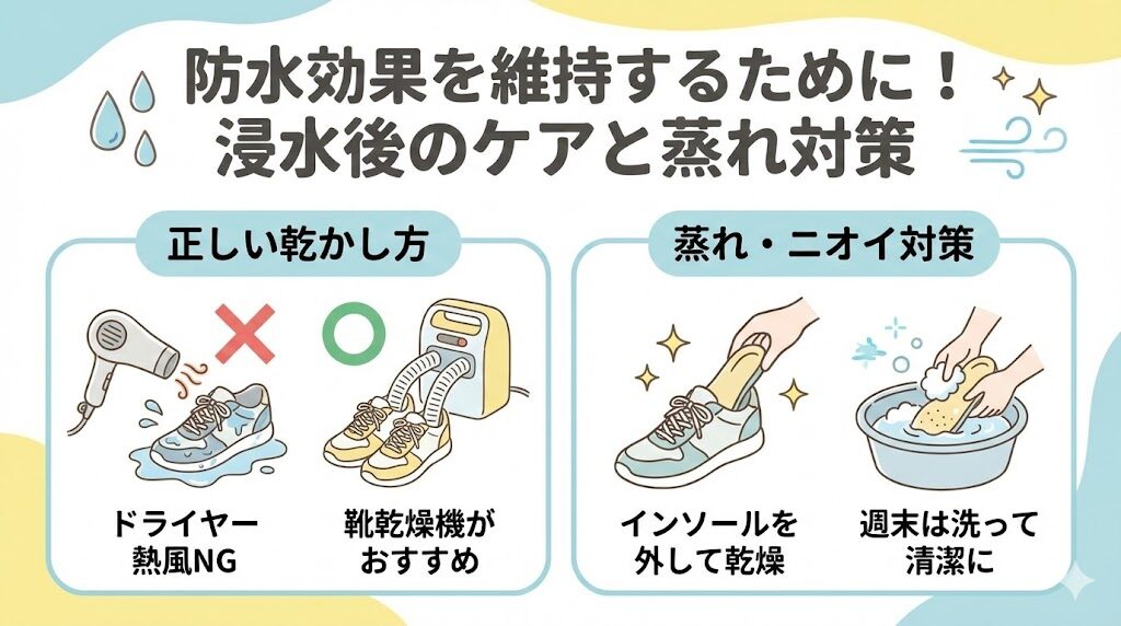 防水効果を維持するために!浸水後のケアと蒸れ対策