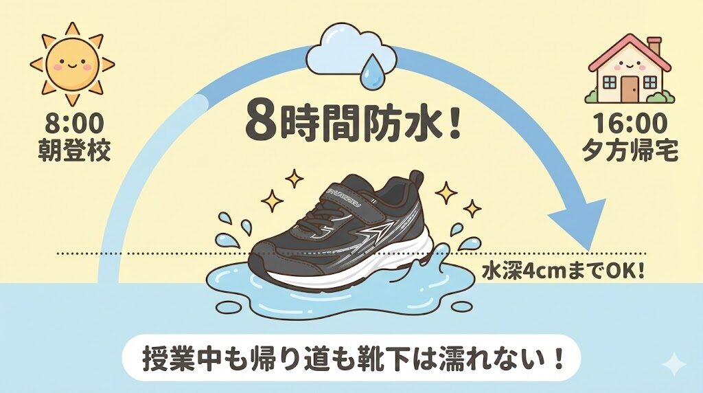朝の登校から学童の帰りまで!瞬足防水ブレードブースターは一日中くつ下が濡れない安心感