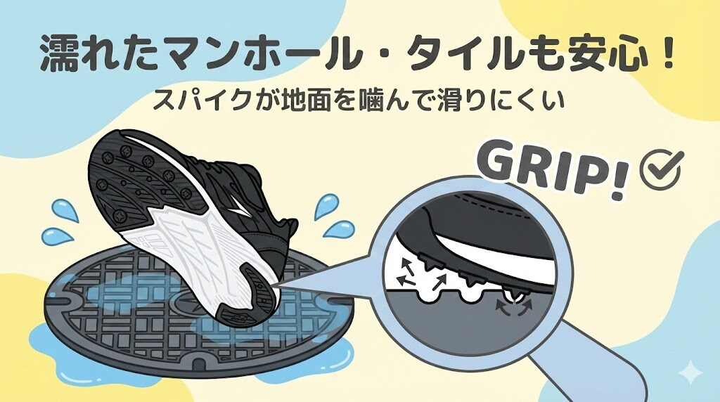 濡れたマンホールやタイルでも安心!瞬足防水ブレードブースターの靴底のグリップ力