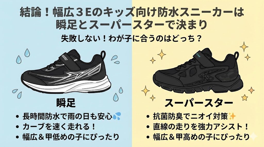 結論！幅広３Eのキッズ向け防水スニーカーは瞬足とスーパースターで決まり