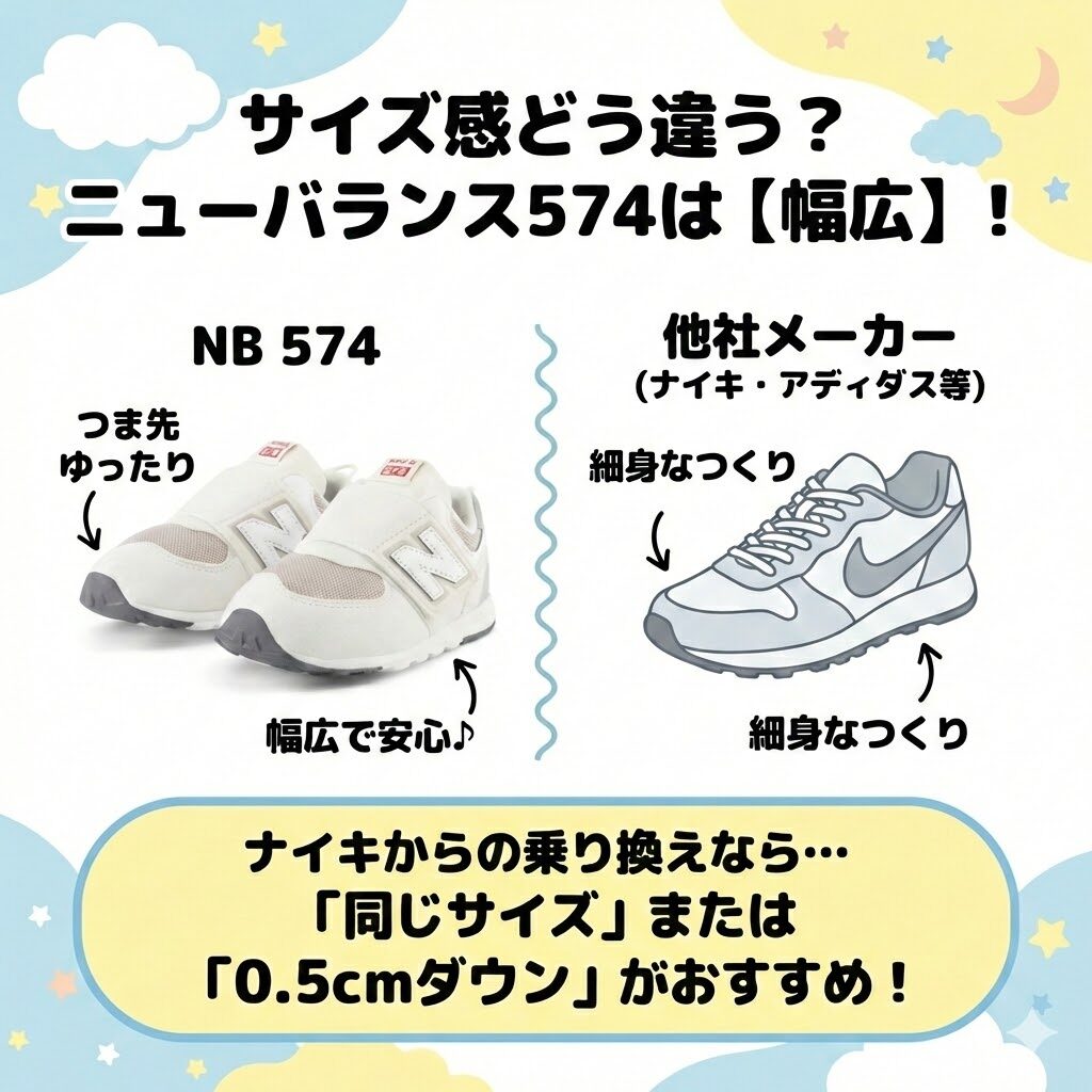 ニューバランスキッズ574はナイキやアディダスと比べて幅広のサイズ感