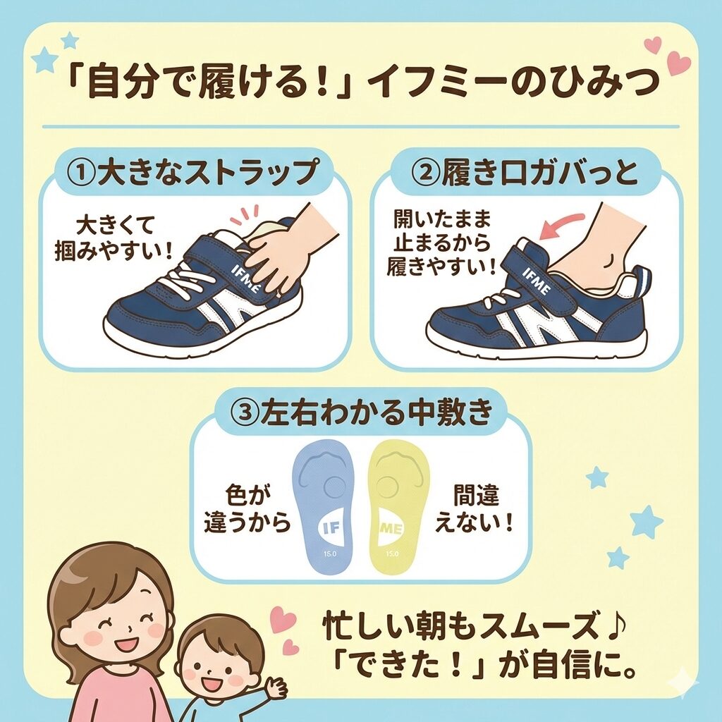 自分で履くならイフミー！大きなストラップが子供の手でも掴みやすい
