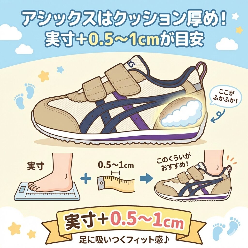 アシックスはクッションが厚め！実寸＋0.5〜1cmが目安