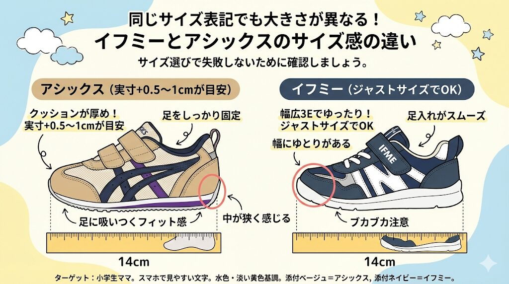 イフミーとアシックスのサイズ感の違いは？同じサイズ表記でも大きさが異なる