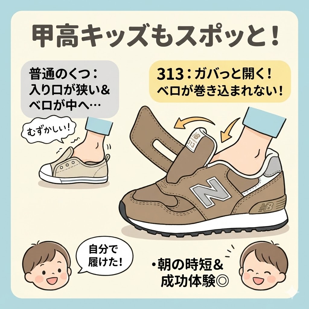 甲が高くてもスポッと入る！ガバっと開いてベロが奥に入り込まない