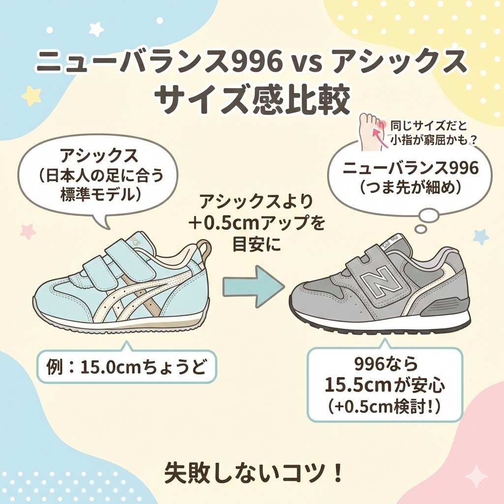 ニューバランス996対アシックスアイダホ：996はつま先が細いため＋0.5cmの検討が必要