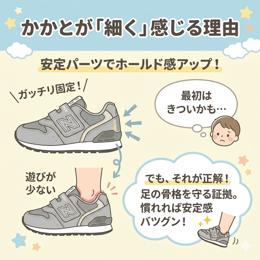 かかとの安定パーツによりホールド感が強いため細く感じる