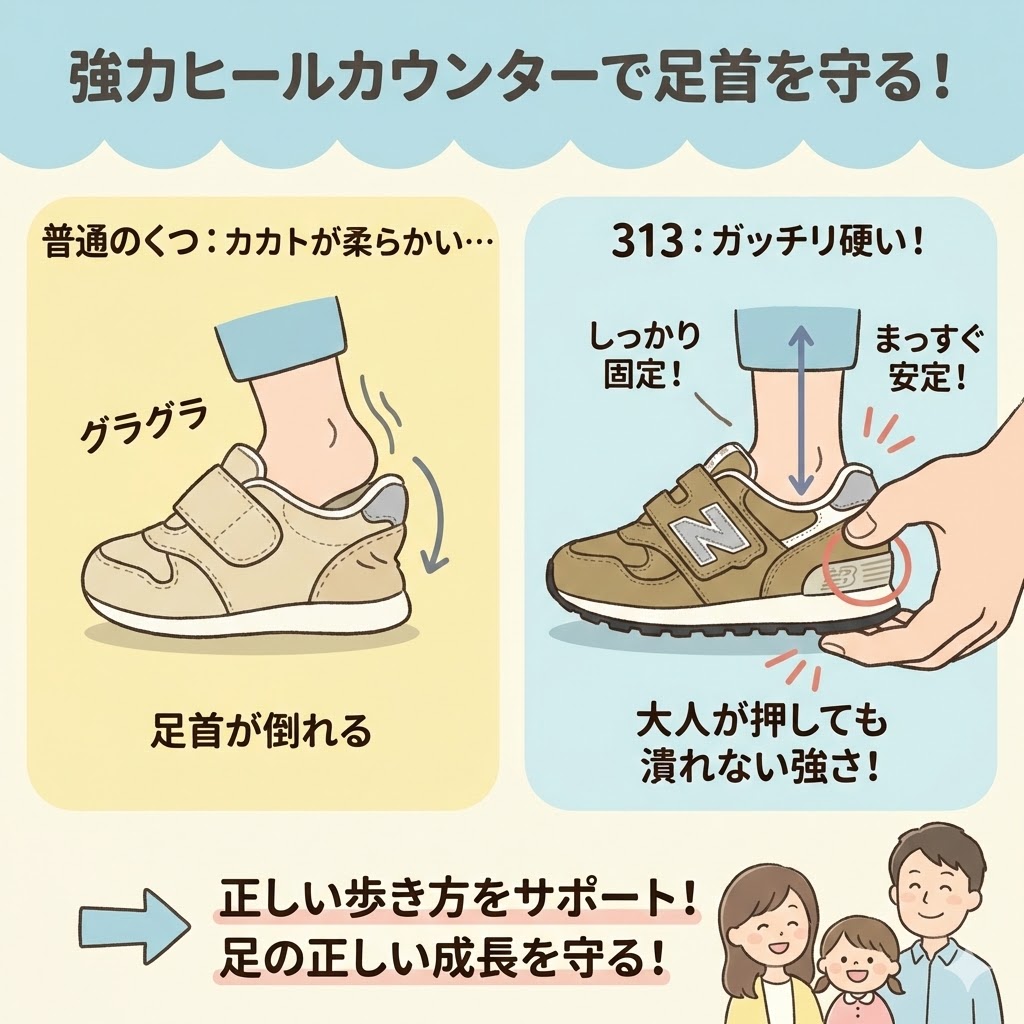 柔らかい子供の足首を、強力なヒールカウンターがガッチリ守る