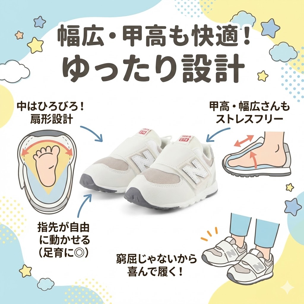 ニューバランスキッズ574は幅広・甲高も快適なゆったり設計