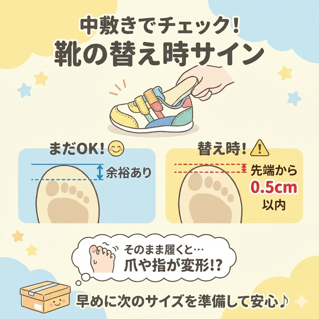 中敷きのチェック：親指の跡が「先端から0.5cm以内」なら替え時