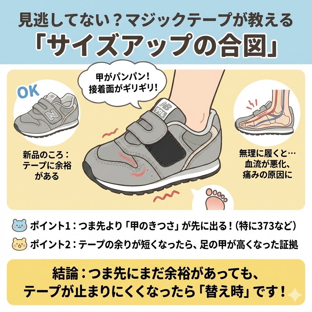 マジックテープの接着面がギリギリになったらサイズアップの合図