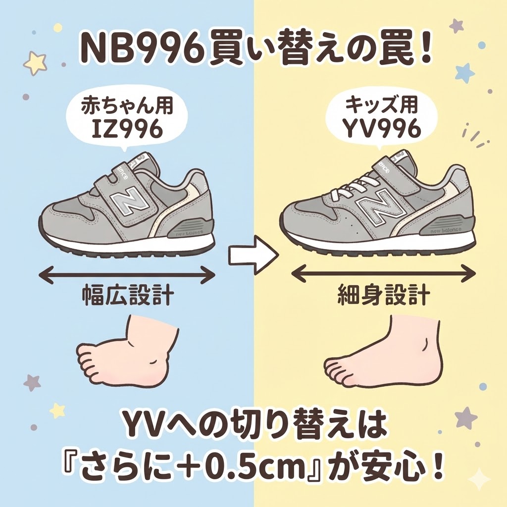 ニューバランス赤ちゃん用（IZ996）とキッズ用（YV996）のサイズ感の違い