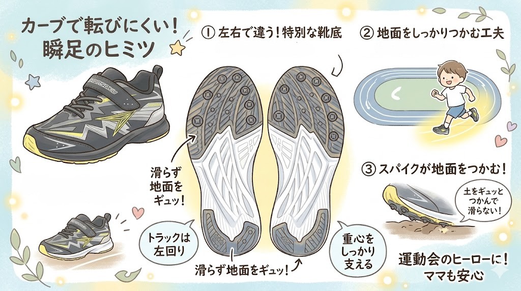 【瞬足】カーブで転びにくい！左右で違う靴底と地面をしっかりつかむ工夫