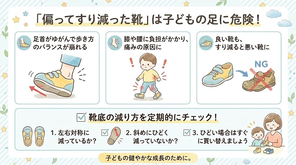 偏ってすり減った靴を子供にそのまま履かせ続けるのは危険