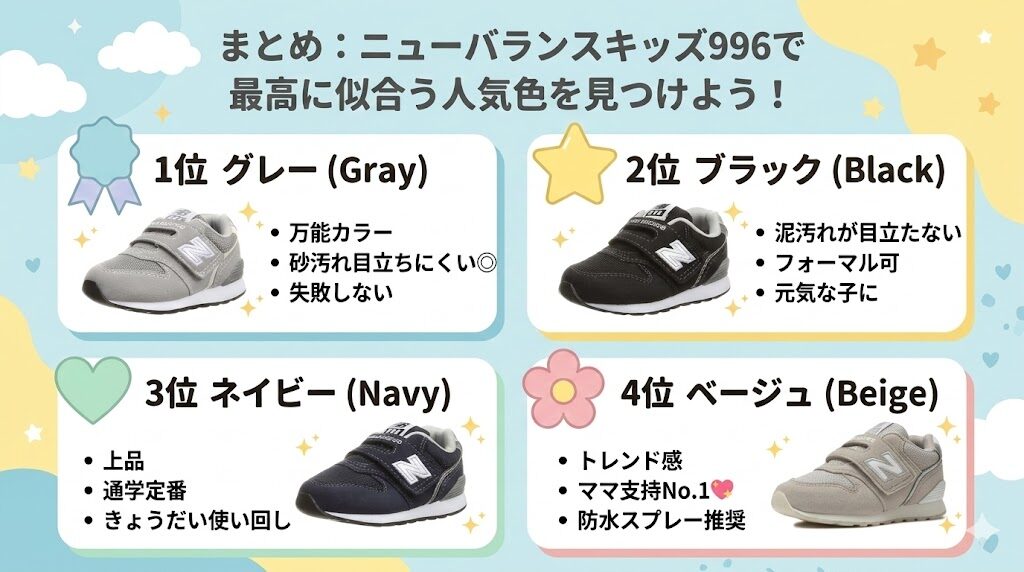 まとめ：ニューバランスキッズ996で最高に似合う人気色を見つけよう！