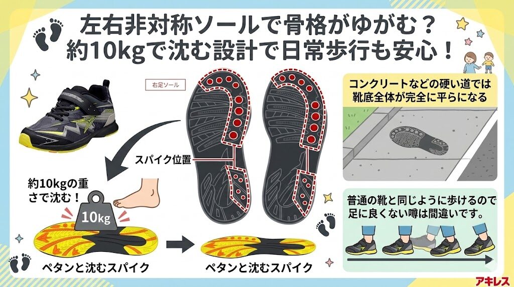 瞬足の左右非対称ソールで骨格がゆがむ？約10kgで沈む設計で日常歩行も安心