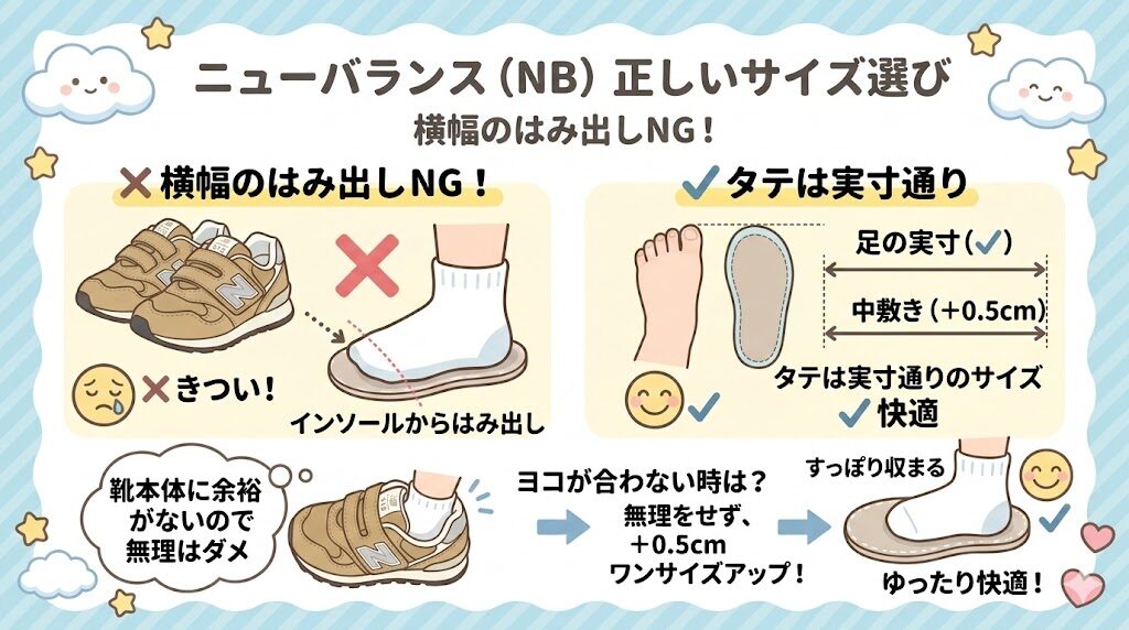 ニューバランス：横幅のはみ出しNG！実寸サイズを選んで合わなければ＋0.5cm