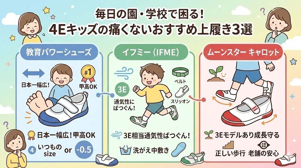 毎日の園・学校で困る！4Eキッズの痛くないおすすめ上履き3選