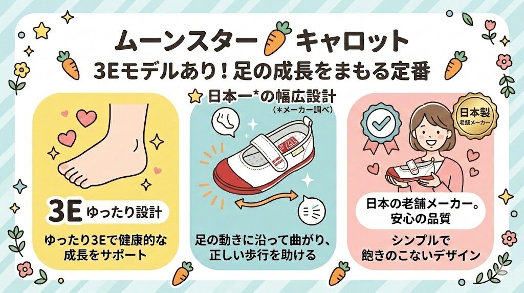 ムーンスター キャロット：3Eモデルあり！足の成長をまもる定番