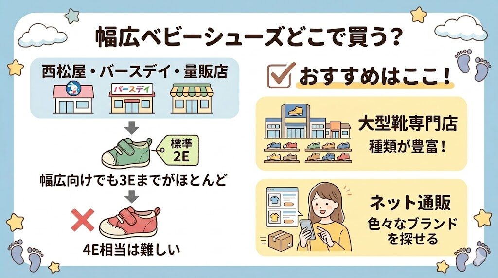 幅広シューズは大型の靴専門店やネット通販で買える