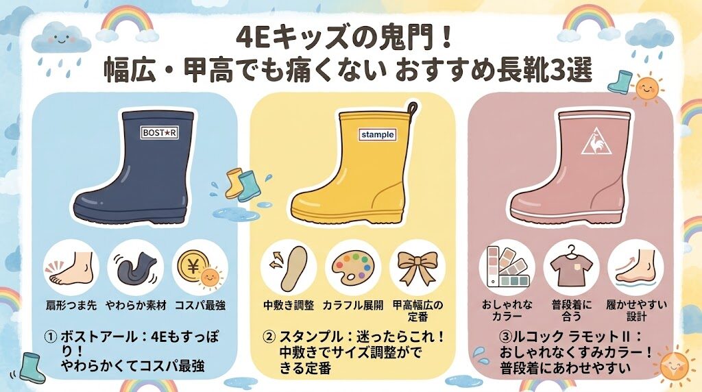 4Eキッズの鬼門！幅広・甲高でも痛くないおすすめ長靴3選