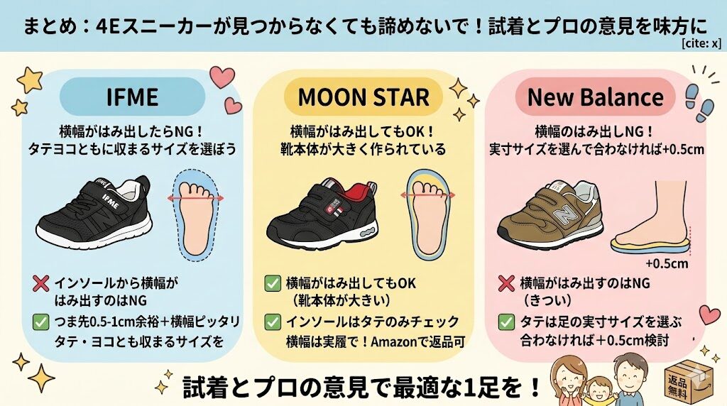 まとめ：4Eスニーカーが見つからなくても諦めないで！試着とプロの意見を味方に