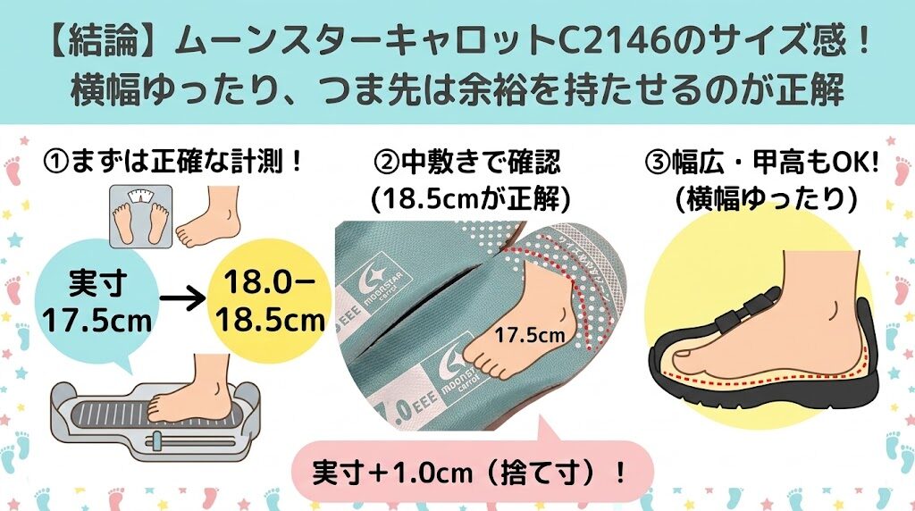 【結論】ムーンスターキャロットC2146のサイズ感!横幅ゆったり、つま先は余裕を持たせるのが正解