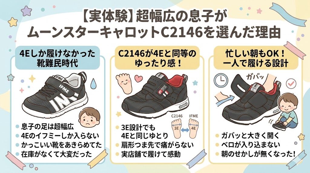 【実体験】超幅広の息子がムーンスターキャロットC2146を選んだ理由