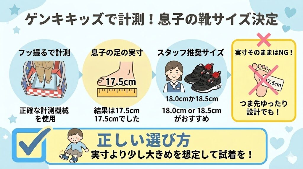 ゲンキキッズで実寸17.5cmの息子→推奨サイズは18.0〜18.5cmと判明
