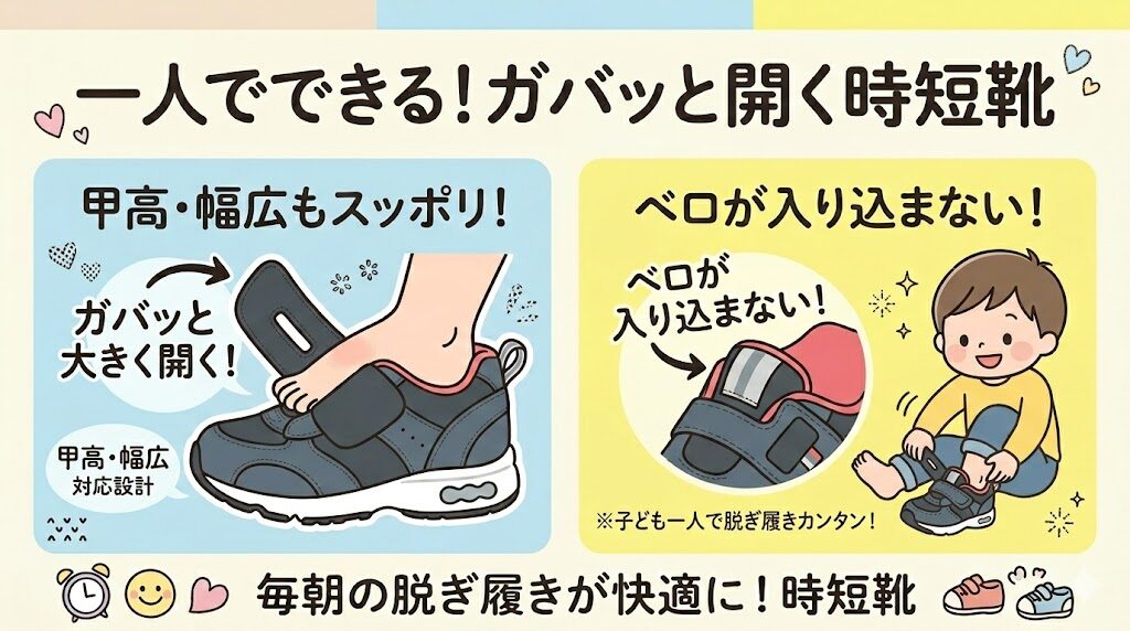 マジックテープがガバッと大きく開き、甲高・幅広の足もスッポリ収まる設計