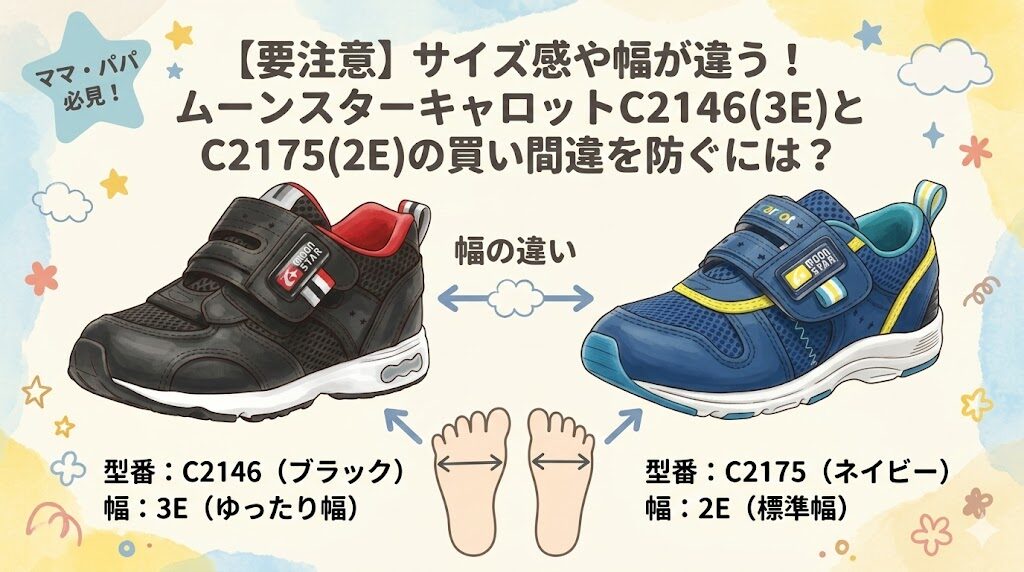 【要注意】サイズ感や幅が違う!ムーンスターキャロットC2146(3E)とC2175(2E)の買い間違いを防ぐには?