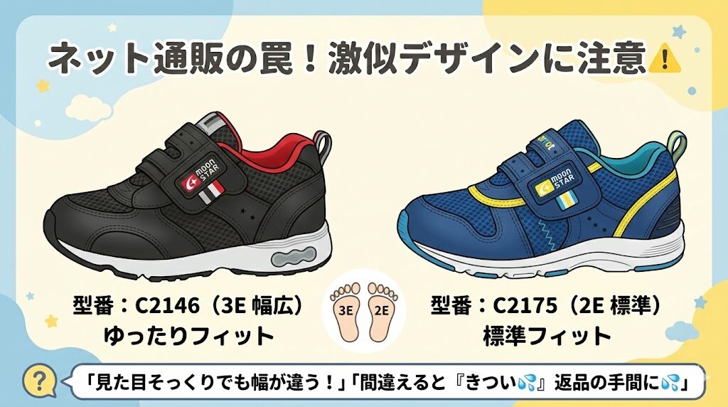 ネット通販の罠!C2146(3E・幅広)とデザインが激似のC2175(2E・標準)に注意