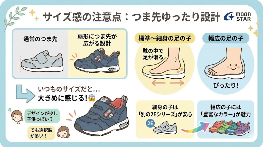 【悪い口コミ】つま先ゆったり設計のため「いつものサイズだと大きめ」との声が多い