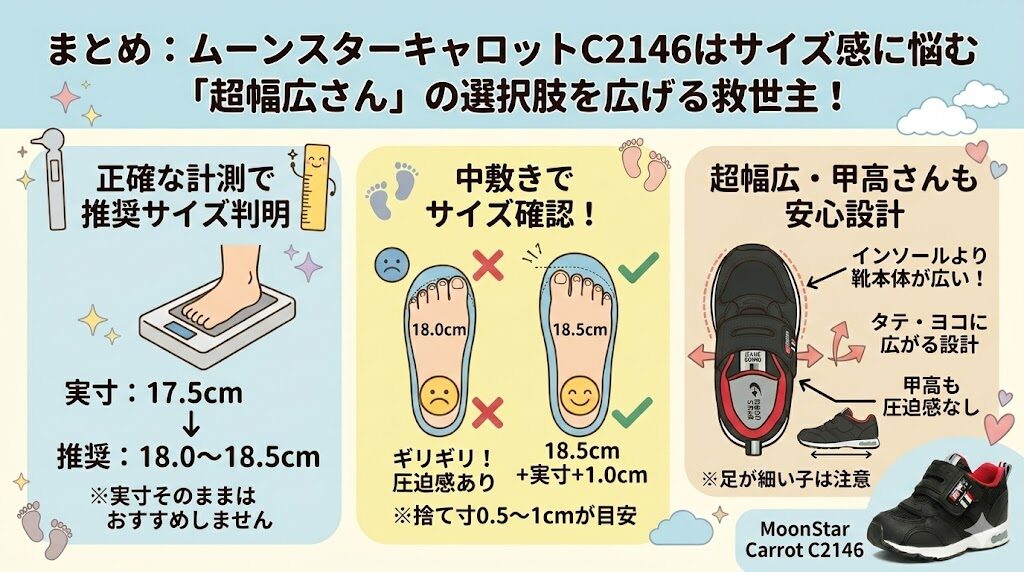 まとめ:ムーンスターキャロットC2146はサイズ感に悩む「超幅広さん」の選択肢を広げる救世主!