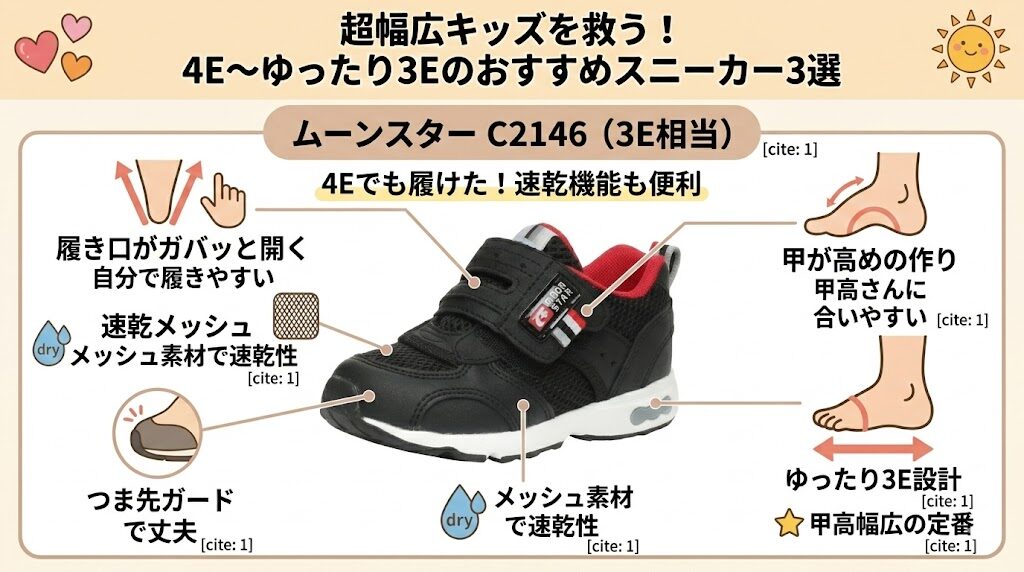 ムーンスター C2146（3E相当）：4Eでも履けた！速乾機能も便利