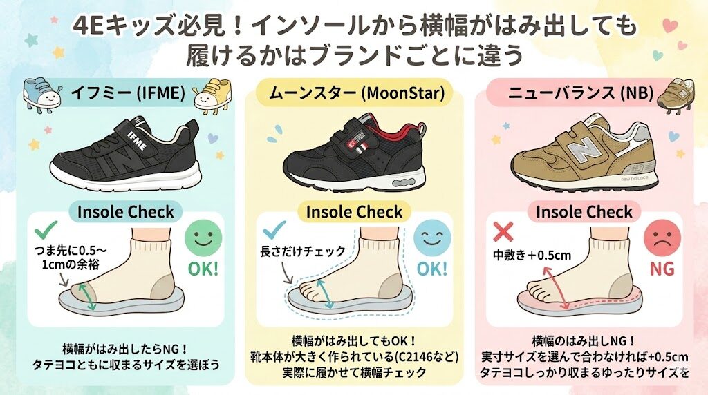 4Eキッズ必見！インソールから横幅がはみ出しても履けるかはブランドごとに違う