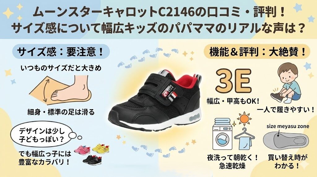 ムーンスターキャロットC2146の口コミ・評判！サイズ感について幅広キッズのパパママのリアルな声は？