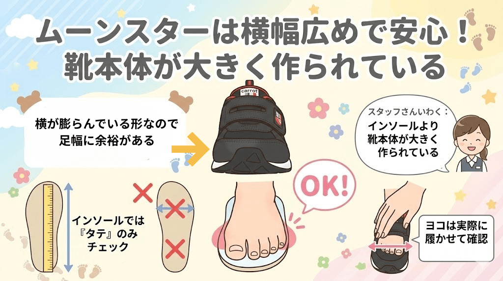 ムーンスター：横幅がはみ出してもOK！靴本体が大きく作られている