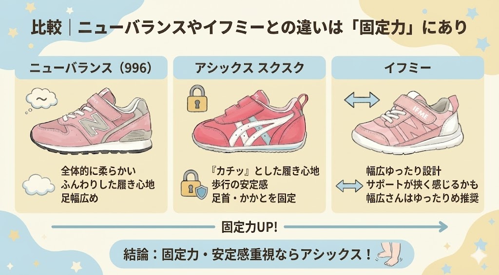 比較|ニューバランスやイフミーとアシックス スクスクのサイズ感・固定力の違い