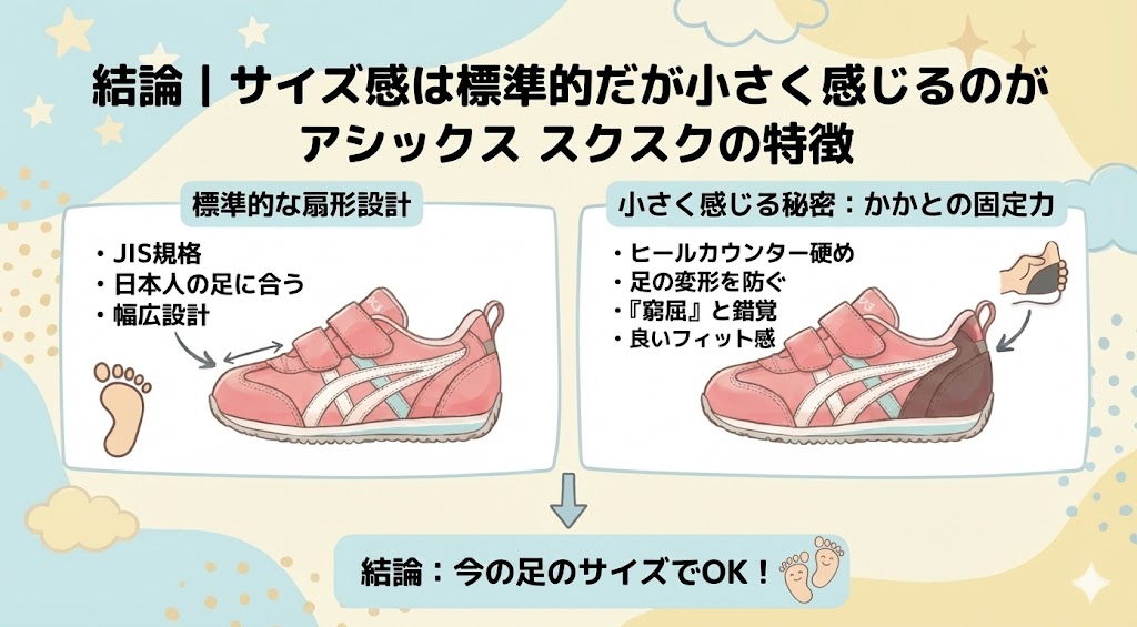 結論|サイズ感は標準的だが小さく感じるのがアシックス スクスクの特徴
