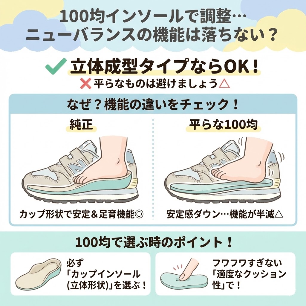 100均のインソールでサイズ調整する場合、立体成型タイプならOKですが、平らなペラペラのものは避けましょう。 