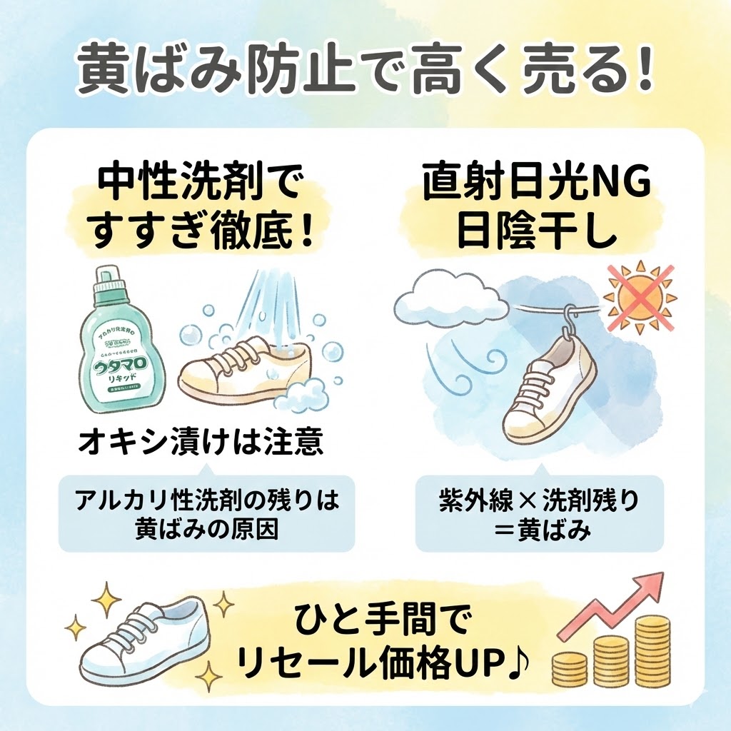 黄ばんだソールを洗うときは中性洗剤（ウタマロリキッドなど）を使い、すすぎを徹底的に行うことが重要です。