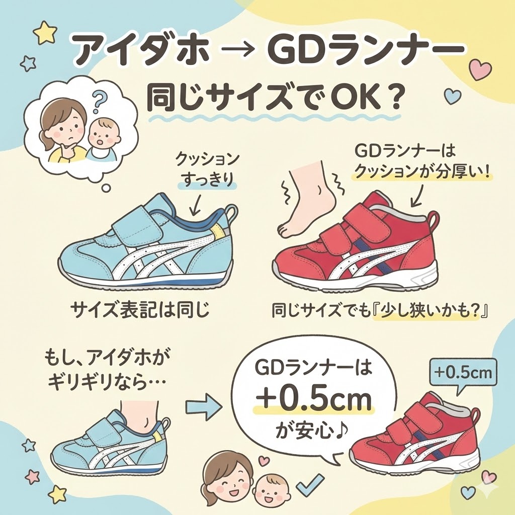 アイダホからGDランナーに買い換えるときには同じサイズでOK。アイダホがギリギリなら0.5cmアップしよう。