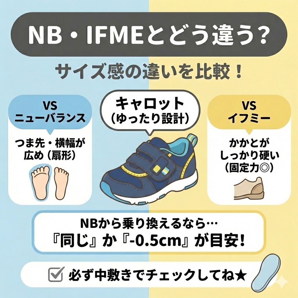 ニューバランスとイフミーと比べてキャロットは「やや大きめ(ゆったり)」に作られていることが多い